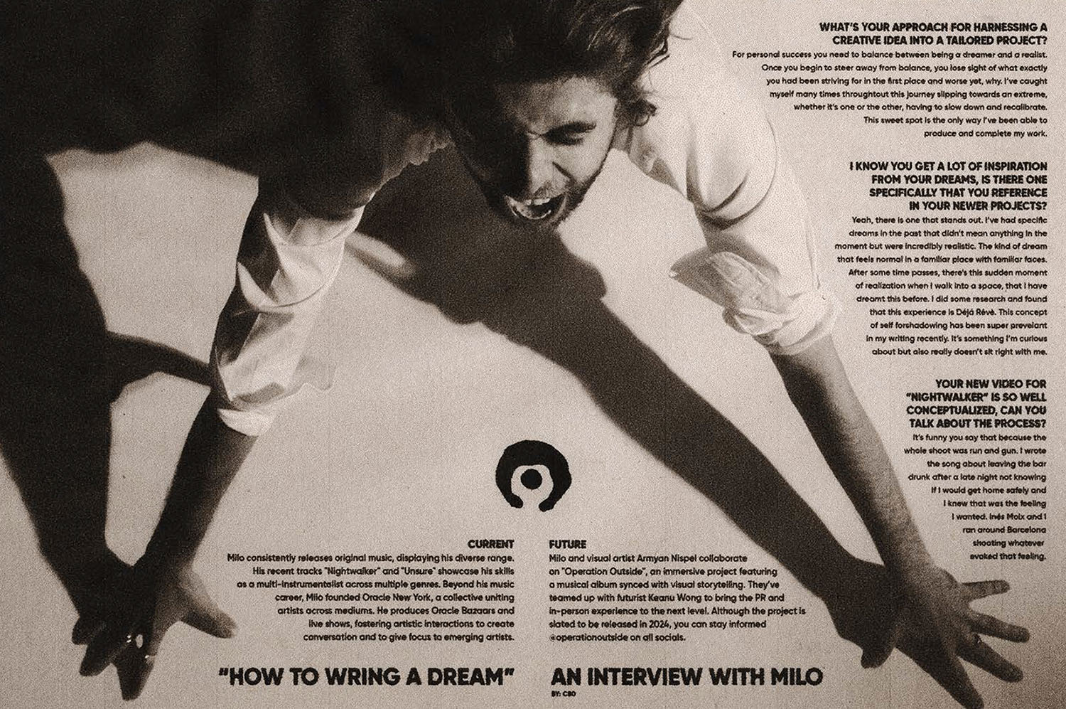'How to Wring a Dream' interview spread featuring Milo leaning forward above the article text
