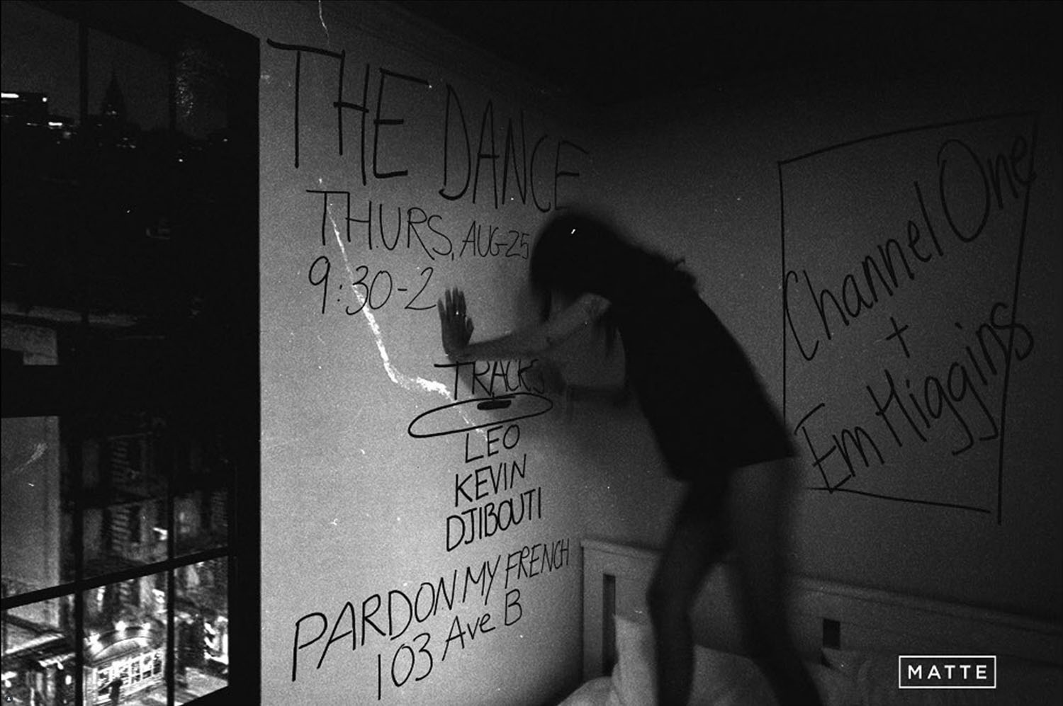 The Dance Vol. 4 flyer in black and white showing handwritten party details on an apartment wall